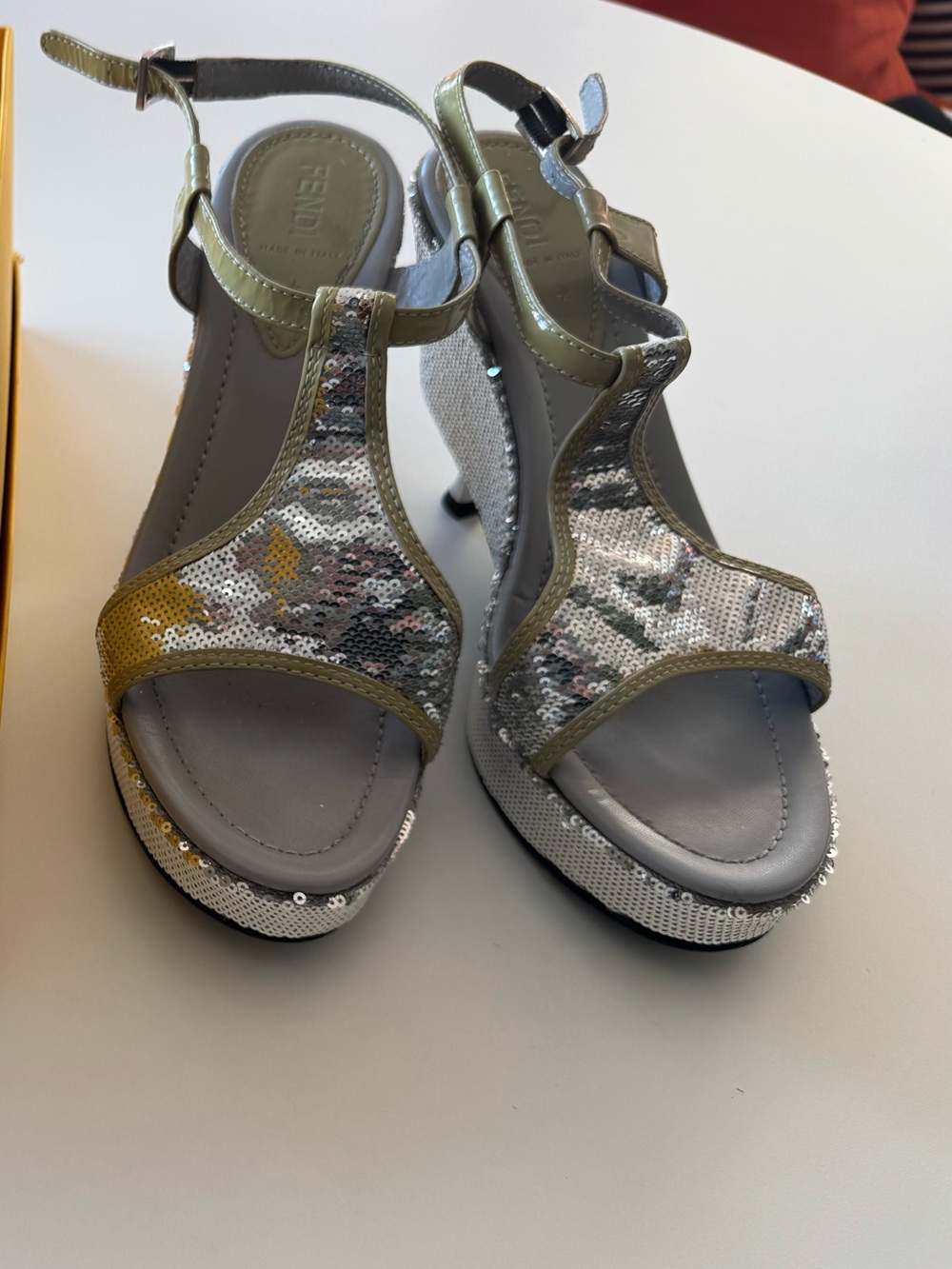 Fendi Silver Sequin T-Strap Heels